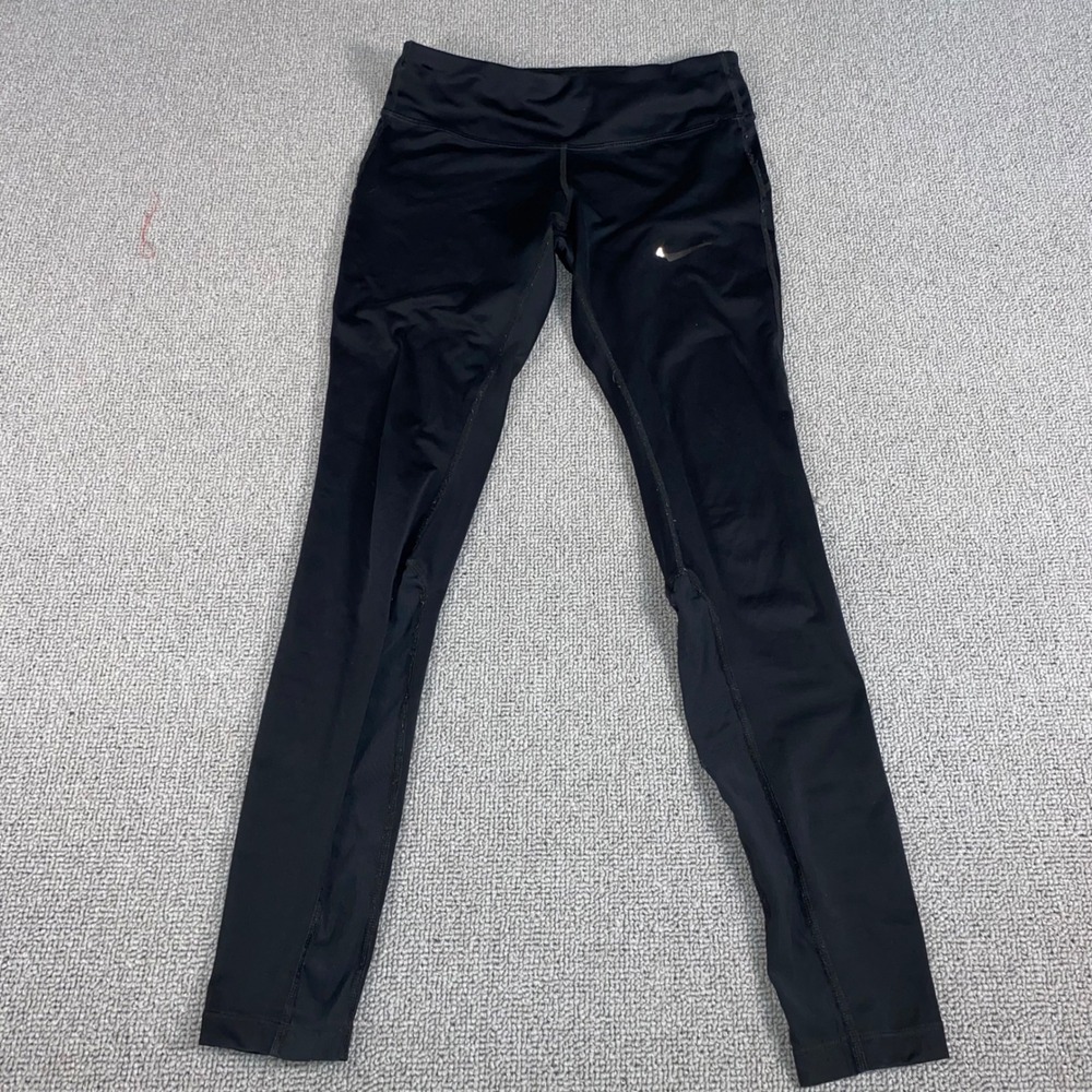 Nike Running Leggings Womens XS Black Athletic Tights Mesh Panel Reflective Logo